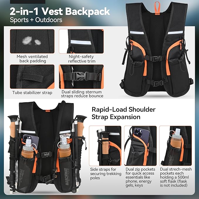 MARCHWAY Lightweight Hydration Backpack with Vest Style Straps & 2.5L TPU Water Bladder, Versatile