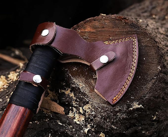Viking Axe | 18" Carbon Steel Throwing Hatchet with Ash Wood Handle & Leather Sheath | Etched Norse