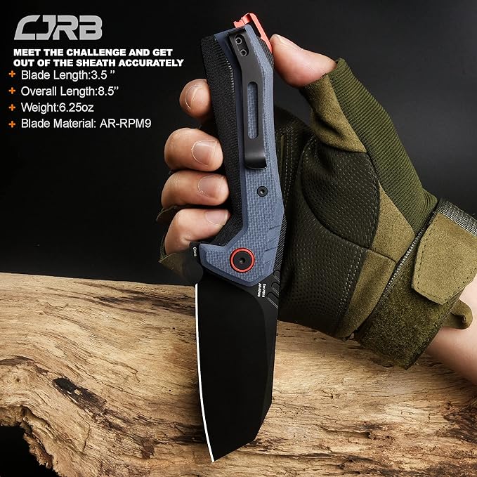 CJRB Tigris Tactical Knife, Pocket Knife with AR-RPM9 Powder Steel Black PVD Blade Black & Blue G10
