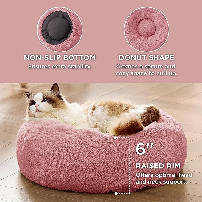 Bedsure Calming Cat Beds for Indoor Cats - Small Cat Bed Washable 20 inches, Anti-Slip Round Fluffy