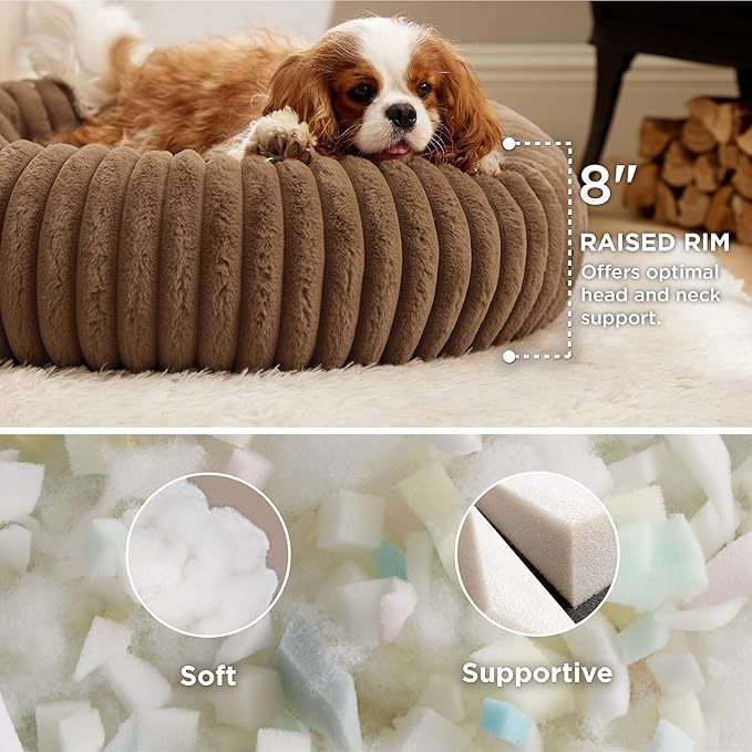 Bedsure Donut Medium Dog Bed - Washable Faux Fur with Corduroy Fleece & Anti Slip Bottom, Round Pet