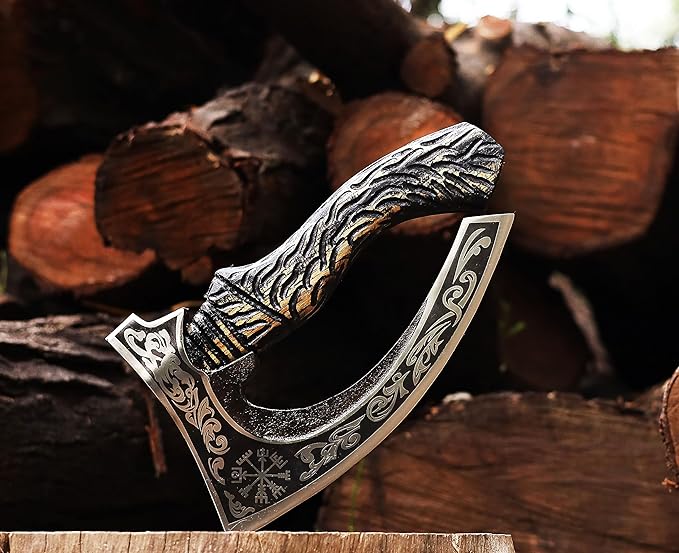 Viking Pizza Axe | Engraved Blade Pizza Cutter with Rosewood Handle & Leather Sheath | Norse Style