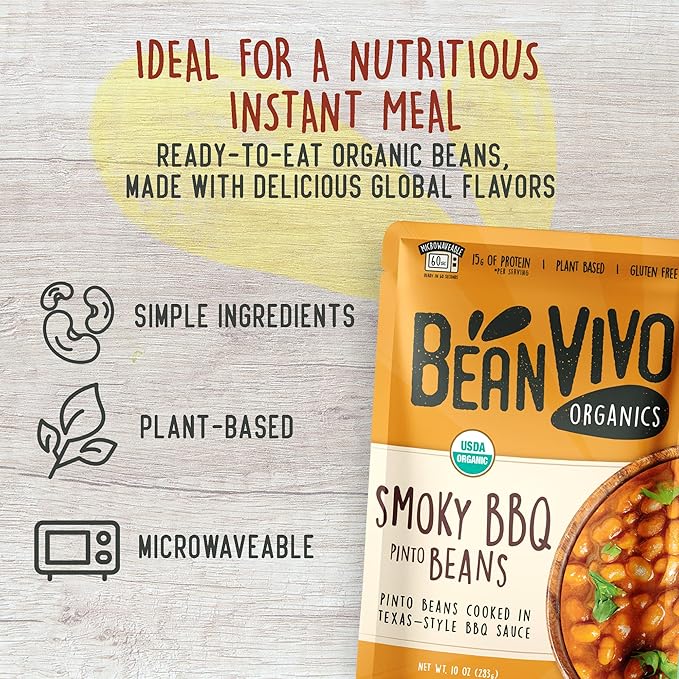 BeanVIVO (Pack of 6) Organics 15g Plant based Protein BBQ Pinto Beans - Good Source of Fiber