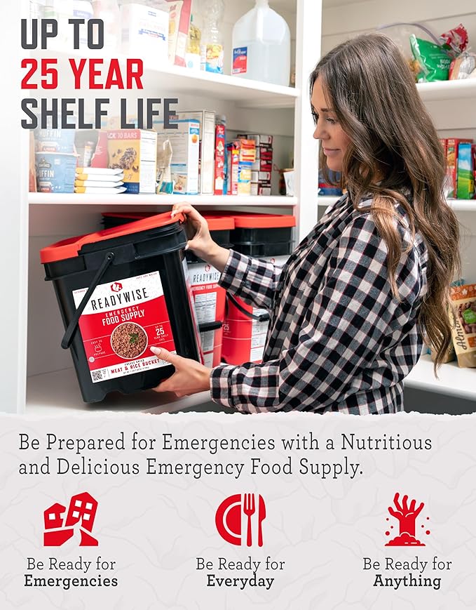ReadyWise Emergency Food Supply - 88 Servings Meat & Rice Bucket, Freeze Dried Protein Meals