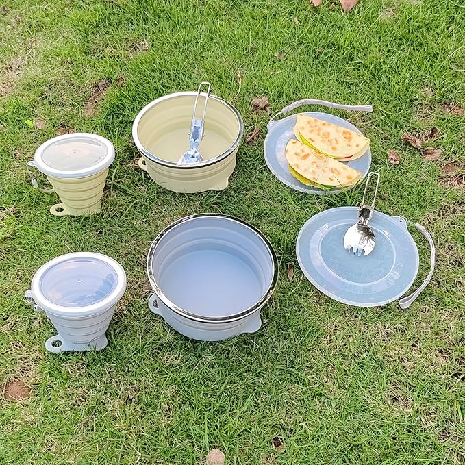 Mess Kit for Camping Silicone Collapsible Bowl Collapsible Cup and Stainless Steel Spoon for