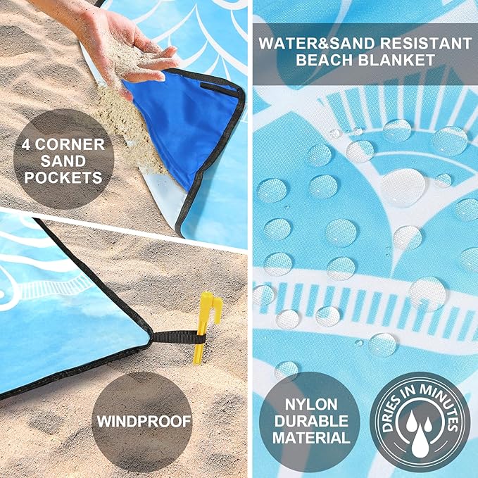 Beach Blanket Waterproof Sandproof Beach Mat 79" X 83"/10'x9'for 2-8 Adults Quick Drying Outdoor