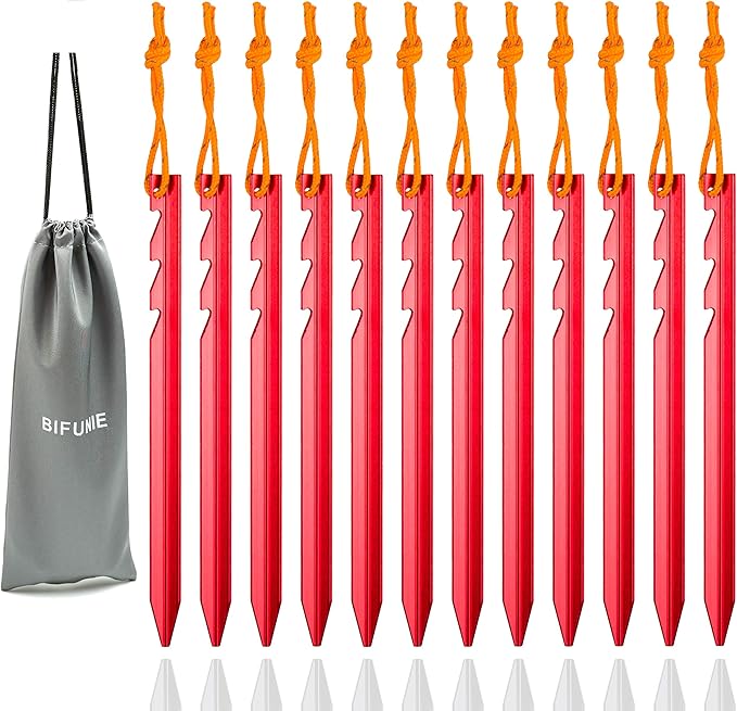 Aluminum Alloy Tent Stakes Pegs, 12-Pack Aluminum Ground Pegs with Reflective Pull Ropes