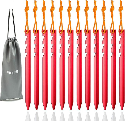 Aluminum Alloy Tent Stakes Pegs, 12-Pack Aluminum Ground Pegs with Reflective Pull Ropes