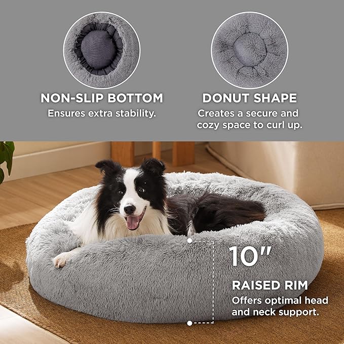 Bedsure Calming Dog Bed for Large Dogs - Donut Washable Large Pet Bed, 36 inches Anti-Slip Round
