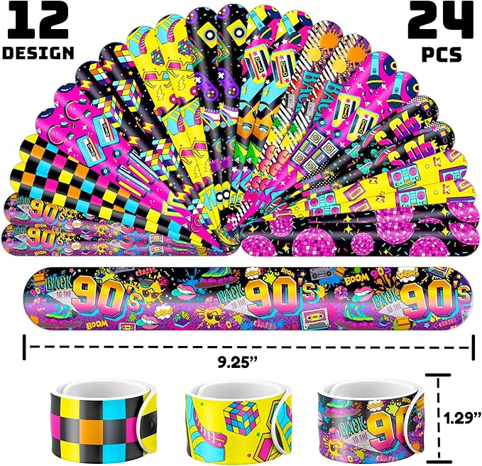 72PCS 90s & 80s Party Favors - 48PCS Pre-Cut Tattoos & 24PCS Slap Bracelets, Retro 90s Birthday