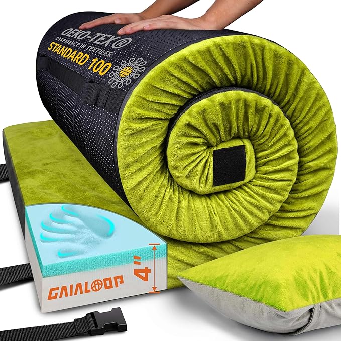 4 Inch GAIALOOP Extra Thick Memory Foam Camping Mattress, Roll Up Floor Sleeping Mat Camp Cot