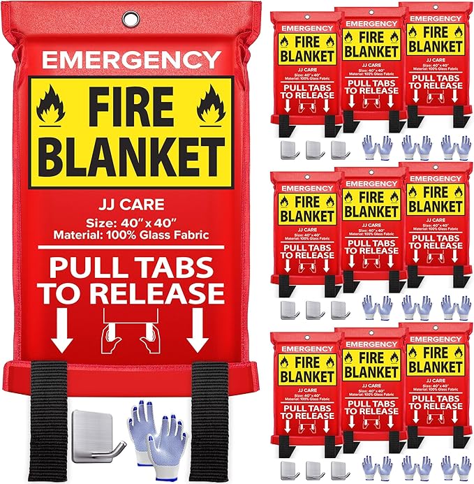 JJ CARE Fire Blanket ??10 Packs with Hooks and Gloves ??Emergency Fire Blanket for Home & Kitchen