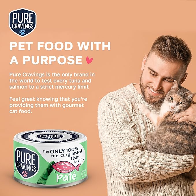 Pure Cravings Salmon and Mackerel Pate, Canned Wet Cat Food, 100% Mercury-Tested, Moist Can Fish