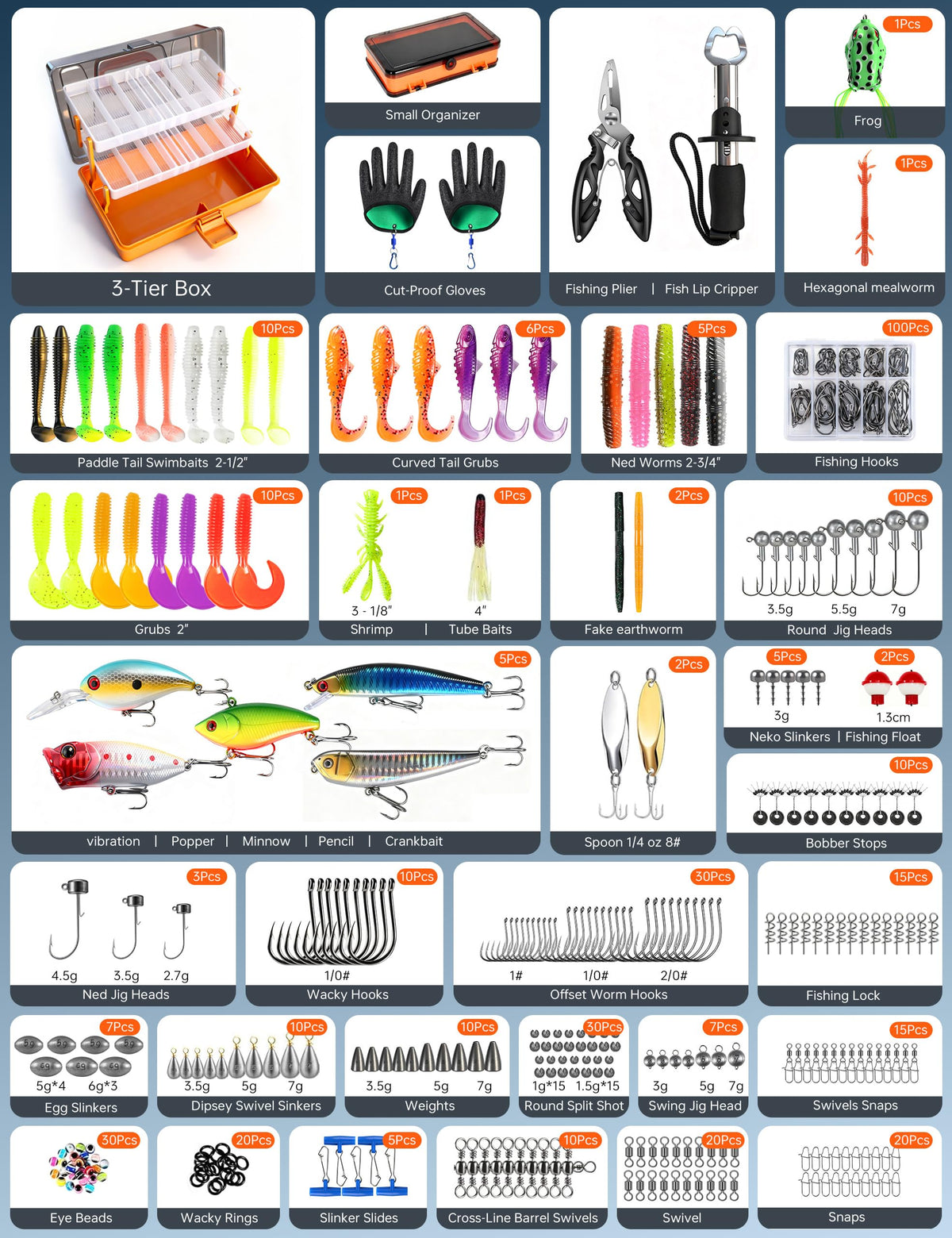 Large 3-Layer Tackle Box with Tackle Included, 417Pcs Fishing Lures Kit