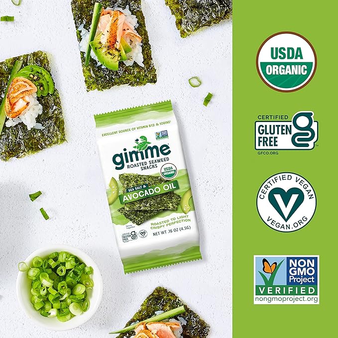 Gimme Seaweed Organic Premium Roasted Seaweed Snacks, Sea Salt & Avocado Oil, 6 Count, Keto, Vegan
