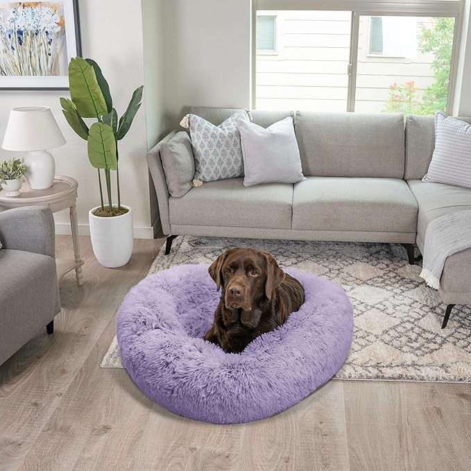 Best Friends by Sheri Original Calming Donut Dog and Cat Bed, Shag Faux Fur, Lavender, (36in x