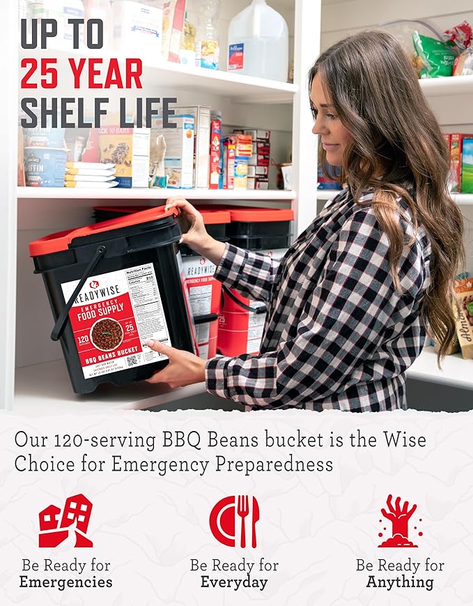 ReadyWise Emergency Food Supply - 120 Servings BBQ Beans Bucket, Freeze Dried Protein Meals