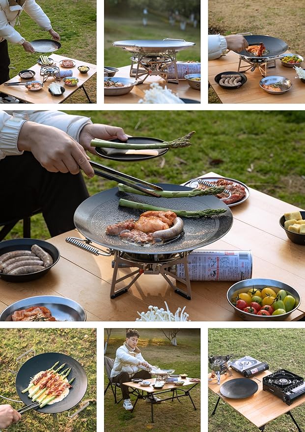 camping moon BBQ Grill Pan Dia 12.8-inch Round Griddle 3-Ply Composite Steel Nonstick Foldable