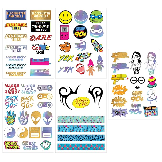 Throwback 90s Theme Temporary Tattoos (5 Pages) - Funny 1990's Theme Party Decoration, Favors &