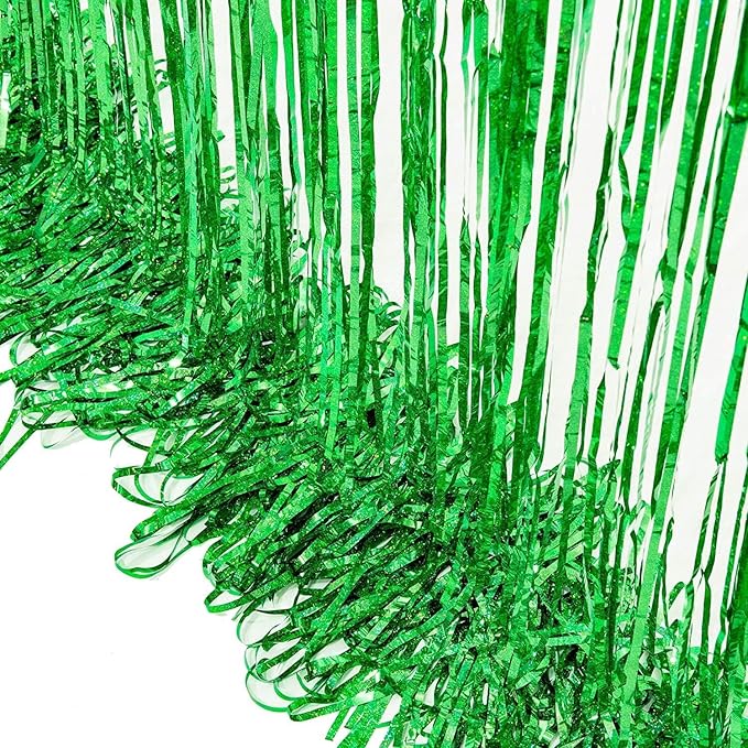 BRAVESHINE Green Metallic Tinsel Foil Fringe Curtains - 2 Pack 3.2 x 8.2 ft Metallic Photo Backdrop