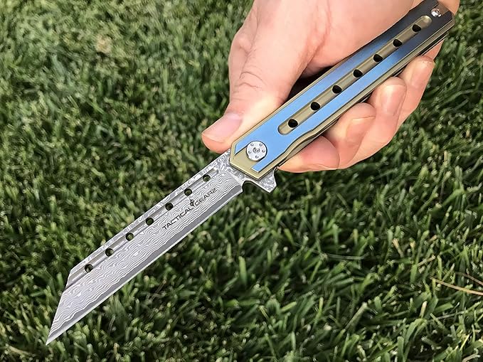 TACTICAL GEARZ Damascus Pocket Knife for EDC, Solid Titanium Handle, 67 Multi-Layered Damascus