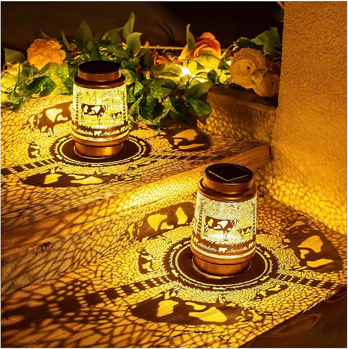 Cow Solar Lanterns Outdoor Waterproof Hanging Solar Lights Cow Gifts for Women Men Metal Decorative
