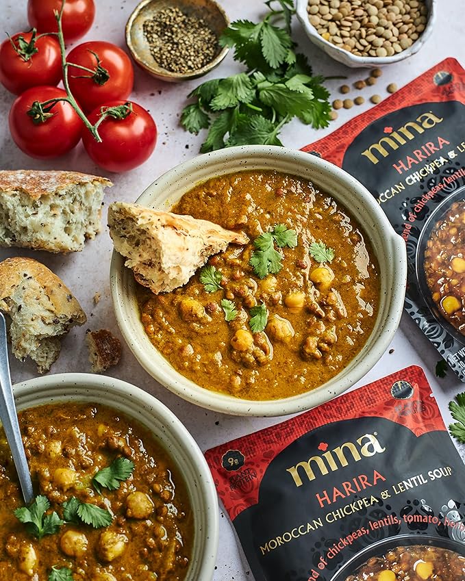 Mina Harira, Moroccan Chickpea & Lentil Soup, Ready to Eat Meals,10 oz Gluten Free Soup, High In
