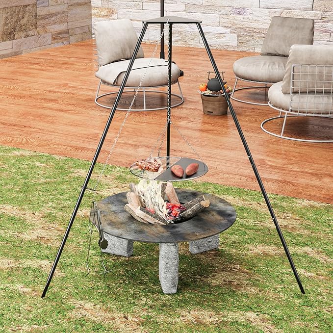 Campfire Tripod for Cooking, Campfire Cooking Equipment, Round Grill Grate with Adjustable Height
