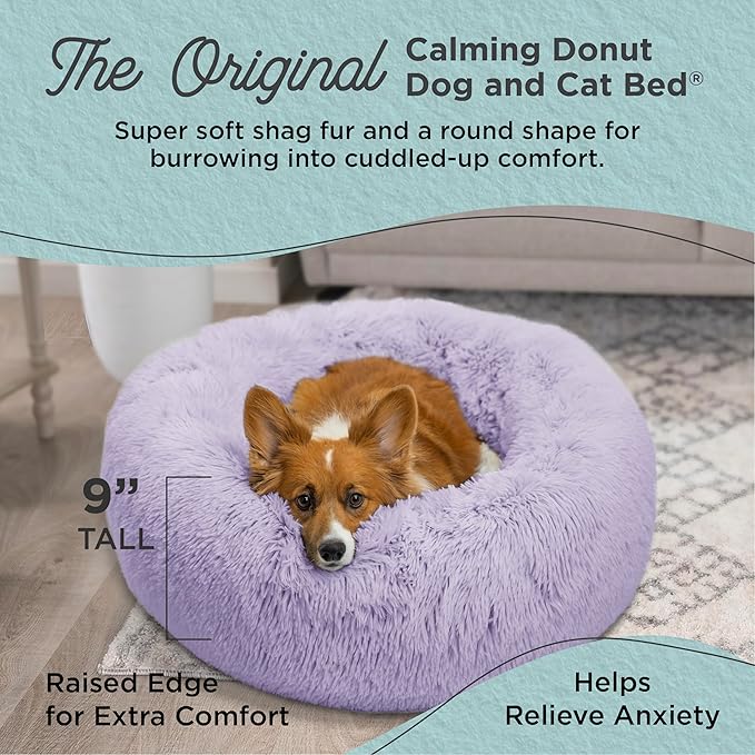 Best Friends by Sheri Original Calming Donut Dog and Cat Bed, Shag Faux Fur, Lavender, (30in x