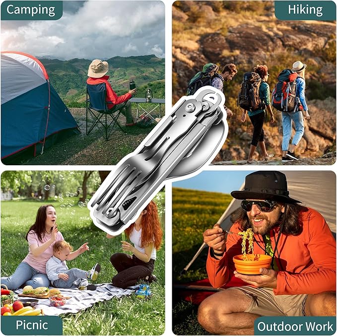 Camping Utensils, 6-In-1 Detachable Stainless Steel Camping Flatware Multi-tool kits with Spoon