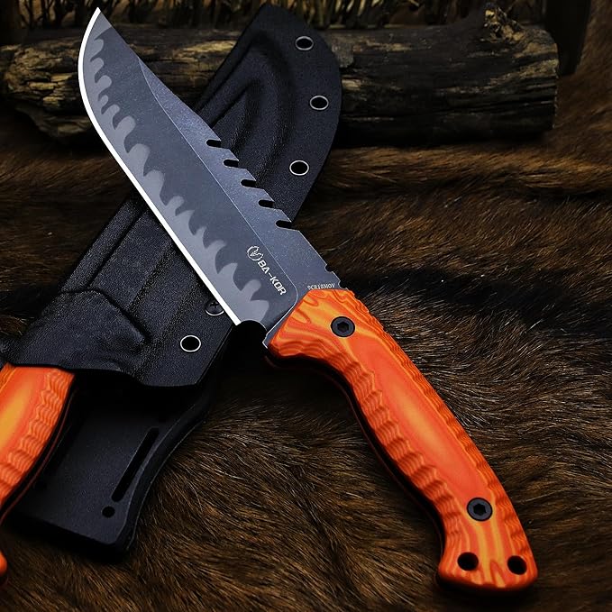 BA-KOR 12.4in Full Tang Fixed Blade Hunting Knife ??6mm 9CR18MoV Steel, G10 Handle, Stonewashed