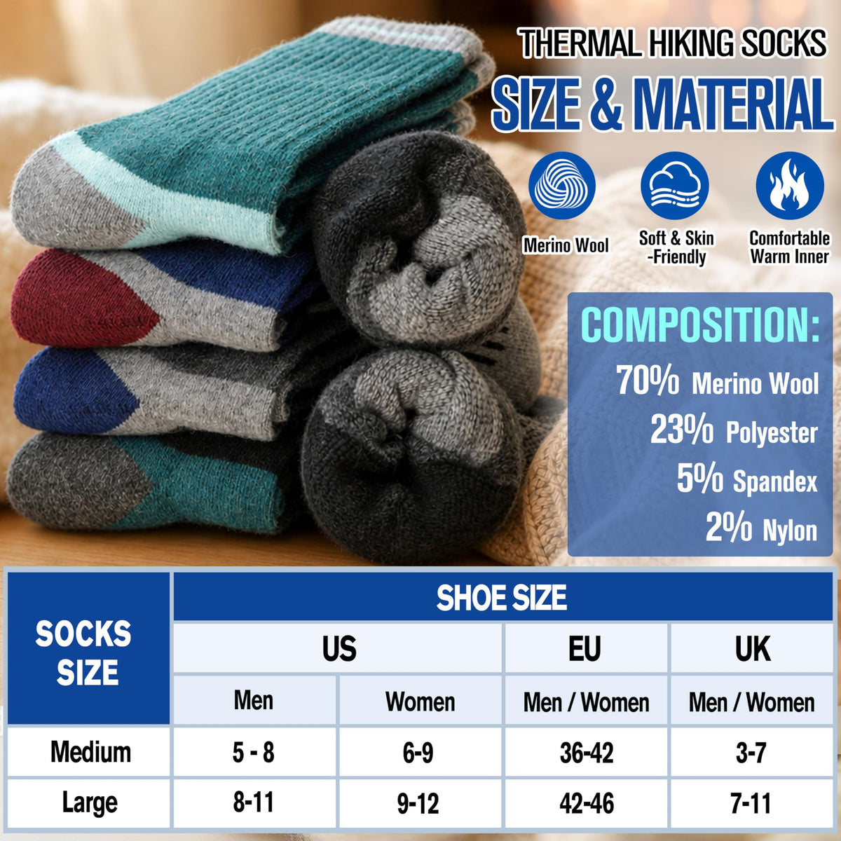 MOGGEI Merino Wool Hiking Socks for Men Warm Thermal Winter Cozy Work Crew Socks Gifts Stocking