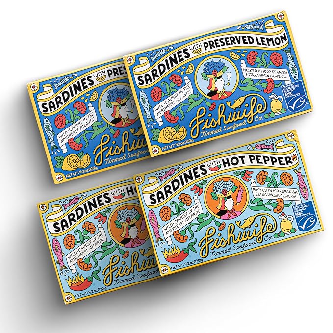 Fishwife Sardine Quad 4-Pack (2x Sardines with Lemon, 2x Sardines with Hot Pepper) | Wild-Caught &