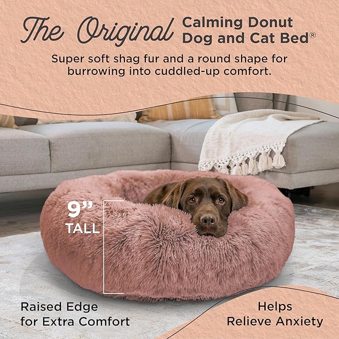 Best Friends by Sheri Original Calming Donut Dog and Cat Bed, Shag Faux Fur, Dusty Rose, (36in x