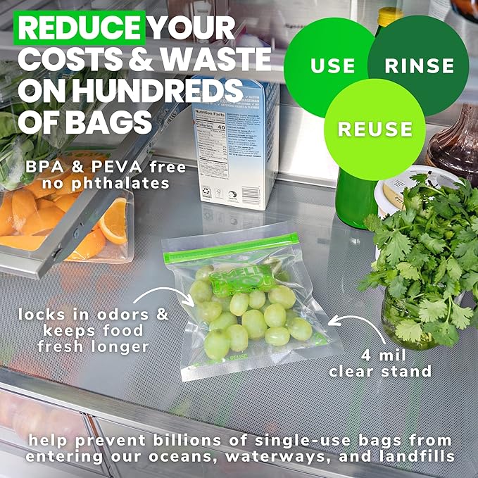 Smelly Proof 10 x Expandable Stand & Fill REUSABLE Storage Bags for Food Designed & Mfg in US, BPA