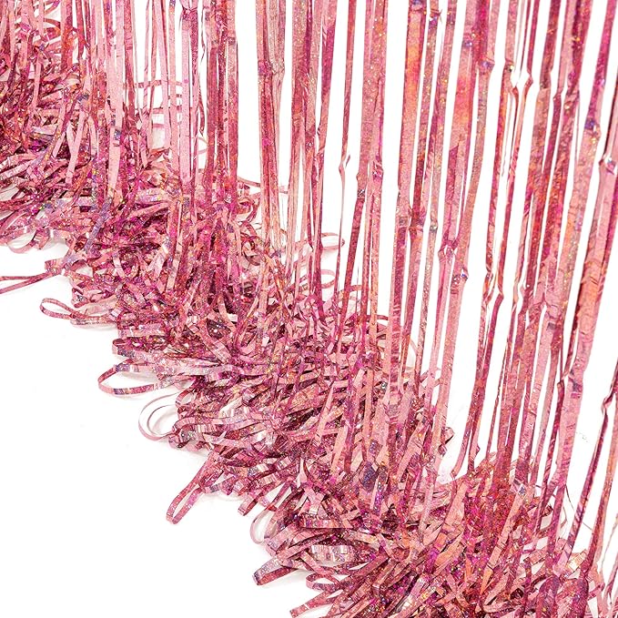 BRAVESHINE Rose-Gold Tinsel Foil Fringe Curtains - 2Pcs 3.2x8.2ft Metallic Holiday Photo Booth