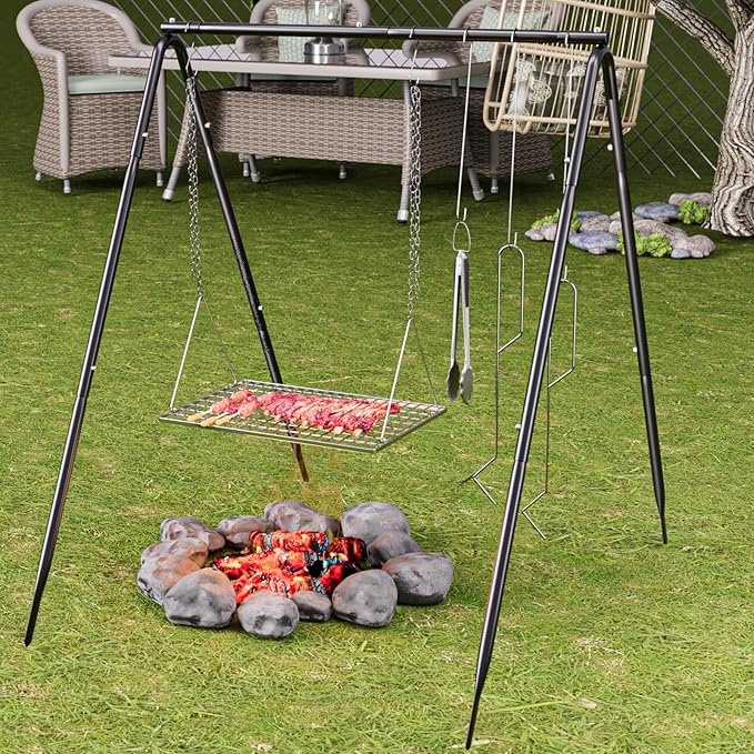 Grill Swing Campfire Cooking Stand with Stainless Steel Grill Grate for Cookware & Dutch Oven