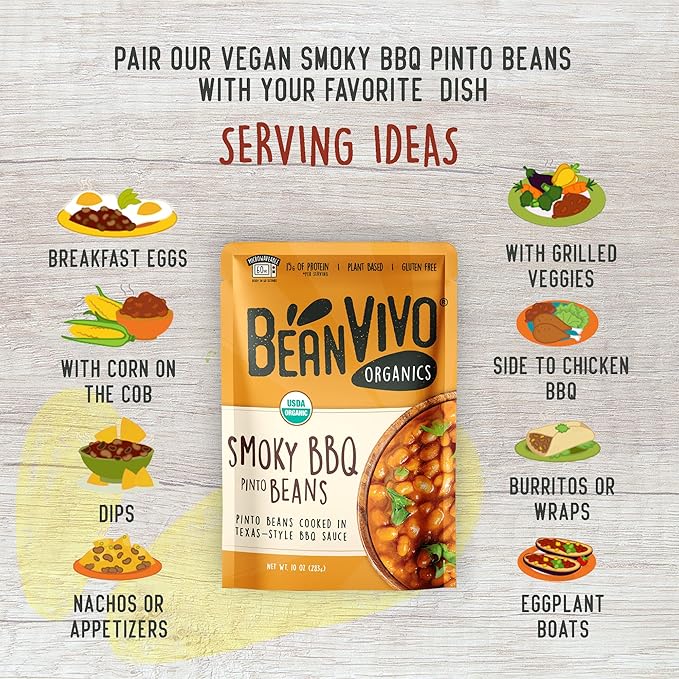 BeanVIVO (Pack of 6) Organics 15g Plant based Protein BBQ Pinto Beans - Good Source of Fiber