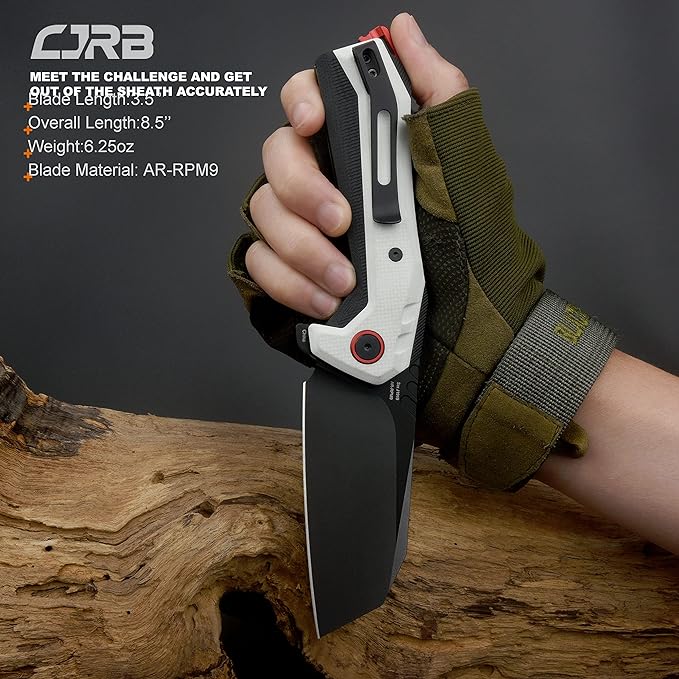 CJRB Tigris Pocket Knife, Folding Knife with AR-RPM9 Powder Steel Black PVD Blade Black & White G10