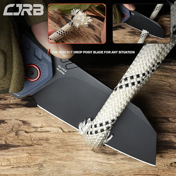 CJRB Tigris Tactical Knife, Pocket Knife with AR-RPM9 Powder Steel Black PVD Blade Black & Blue G10