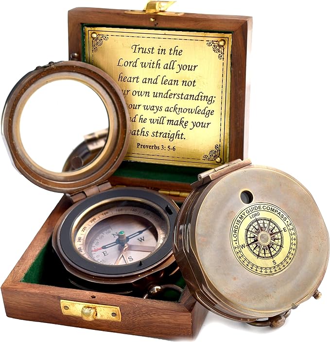 Trust in The Lord With All Your Heart - Proverbs 3:5-6 Quote Engraved Compass With Wooden Box