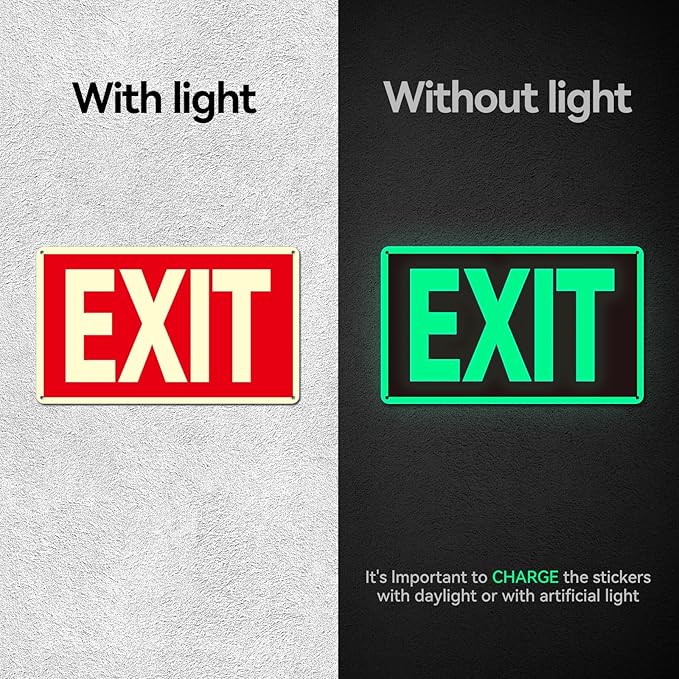 Exit Sign -2 Pack Glow in the Dark Exit Signs Aluminum 12x7 Inch – Photoluminiscent, Laminated for