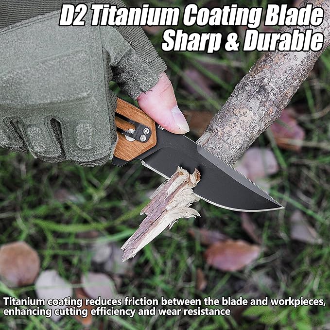 FLISSA Pocket Folding Knife, 3.2??D2 Blade Wood Handle EDC Knife with Button Lock and Pocket Clip