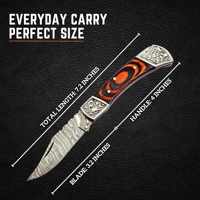 Handmade Damascus Pocket Knife for Men - 7.2 Inches Engraved Steel Damascus Folding Pocket Knife