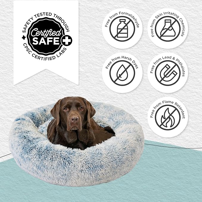 Best Friends by Sheri Original Calming Donut Dog and Cat Bed, Shag Faux Fur, Denim Blue, (36in x