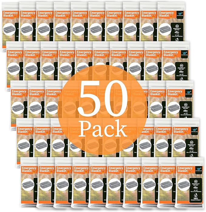 Winterlace Emergency Blankets 50-Pack (52??x 82?? Thermal Mylar Survival Rescue Camping Heat