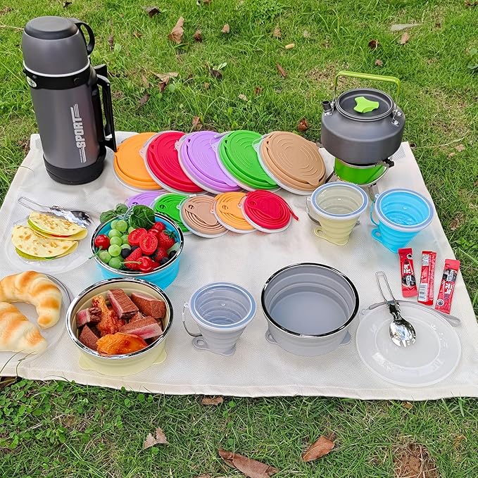 Mess Kit for Camping Silicone Collapsible Bowl Collapsible Cup and Stainless Steel Spoon for