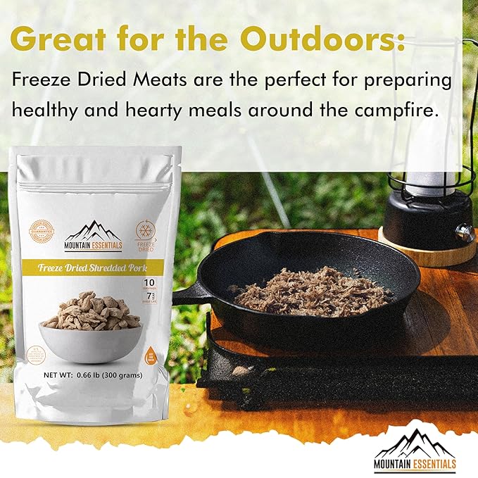 MOUNTAIN ESSENTIALS Freeze-Dried Shredded Pork ??Fully Cooked, Ready-to-Eat Meat | 10 Servings per