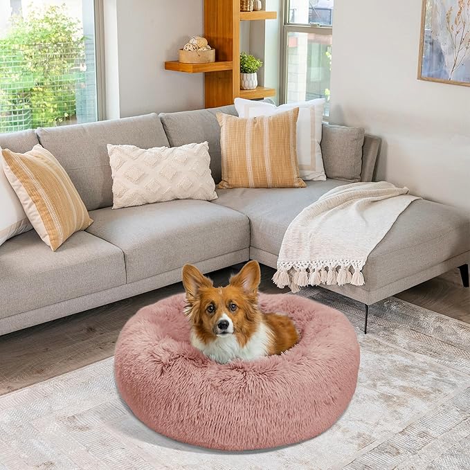 Best Friends by Sheri Original Calming Donut Dog and Cat Bed, Shag Faux Fur, Dusty Rose, (30in x