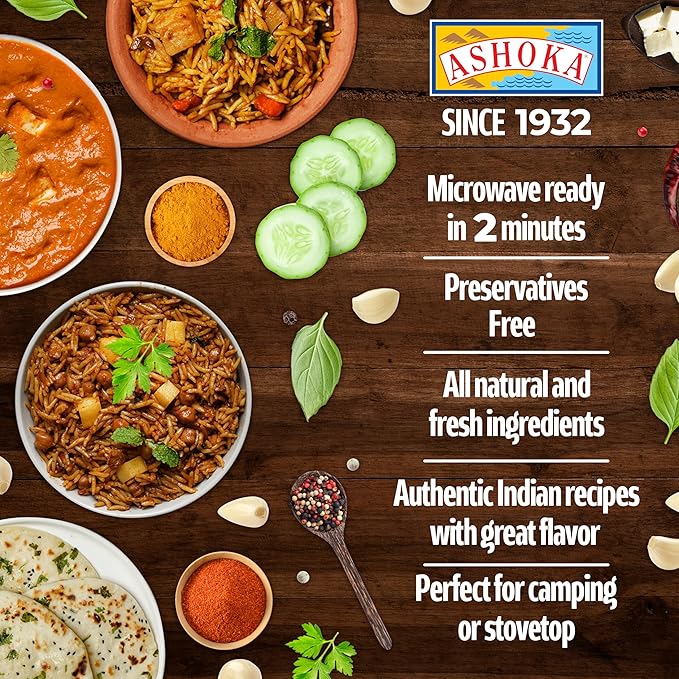 Ashoka Microwavable Meals 1932, Plant-Based Curry, Mixed Vegetables, All-Natural Entrees, Surti